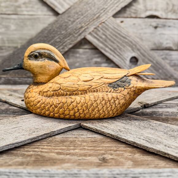 1985 Vintage Hand Carved Folk Art Detailed Wooden Widgeon Duck Decor-11.5”H - Picture 5 of 7